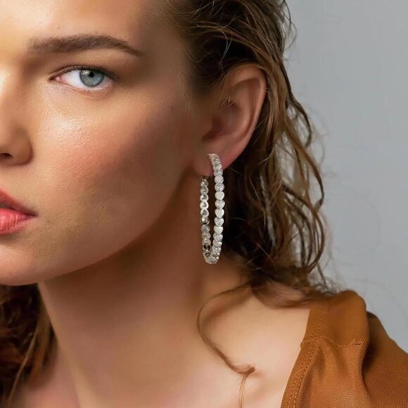 925 Silver-50mm Heart Cubic Zirconia Large Rhinestone Hoop Earrings for Womens - Picture 4 of 7